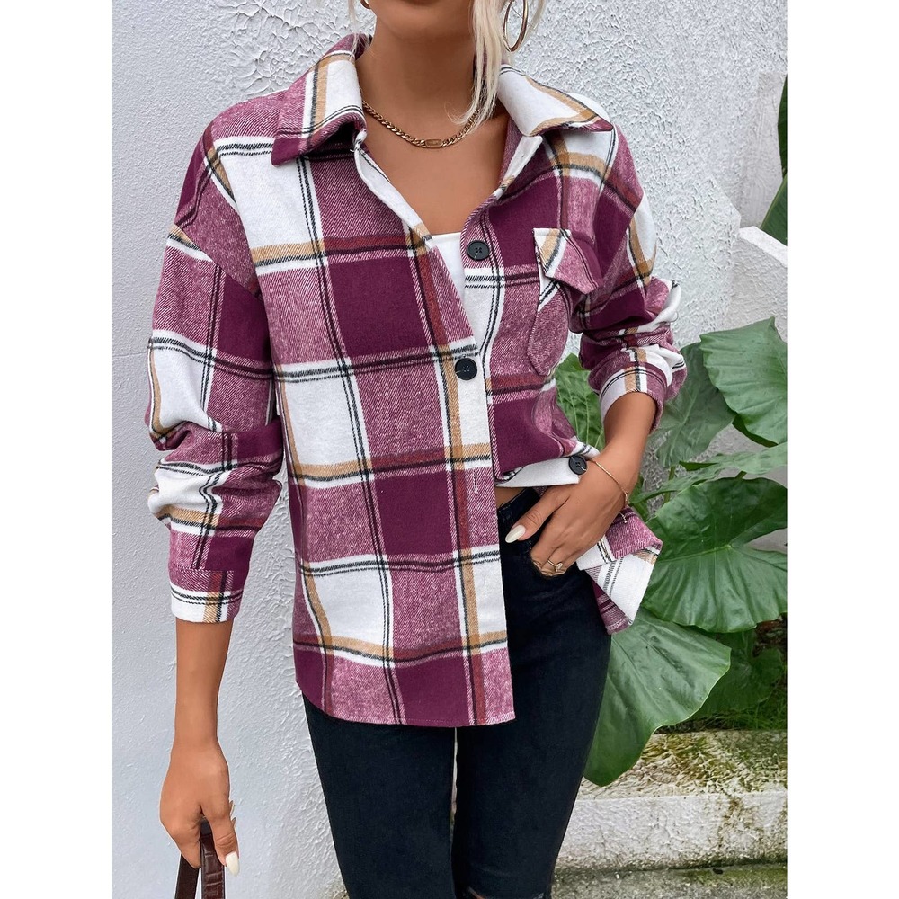 Plaid Flap Pocket boyfriend shacket trucker jacket navy blue tan white - Picture 8 of 16